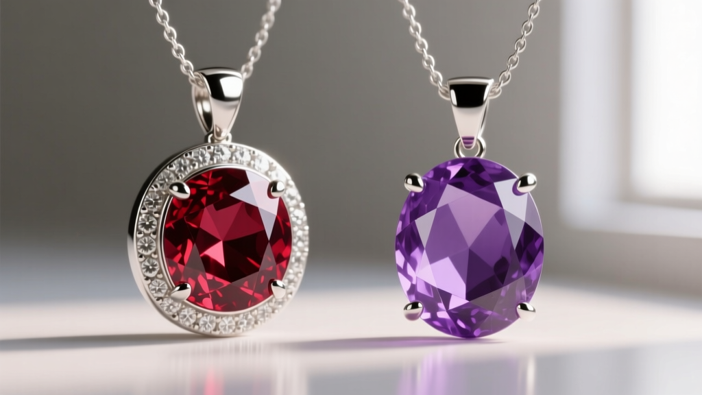 Side-by-side macro view of a secure bezel-set ruby pendant and a traditional four-prong set amethyst pendant on a silver chain