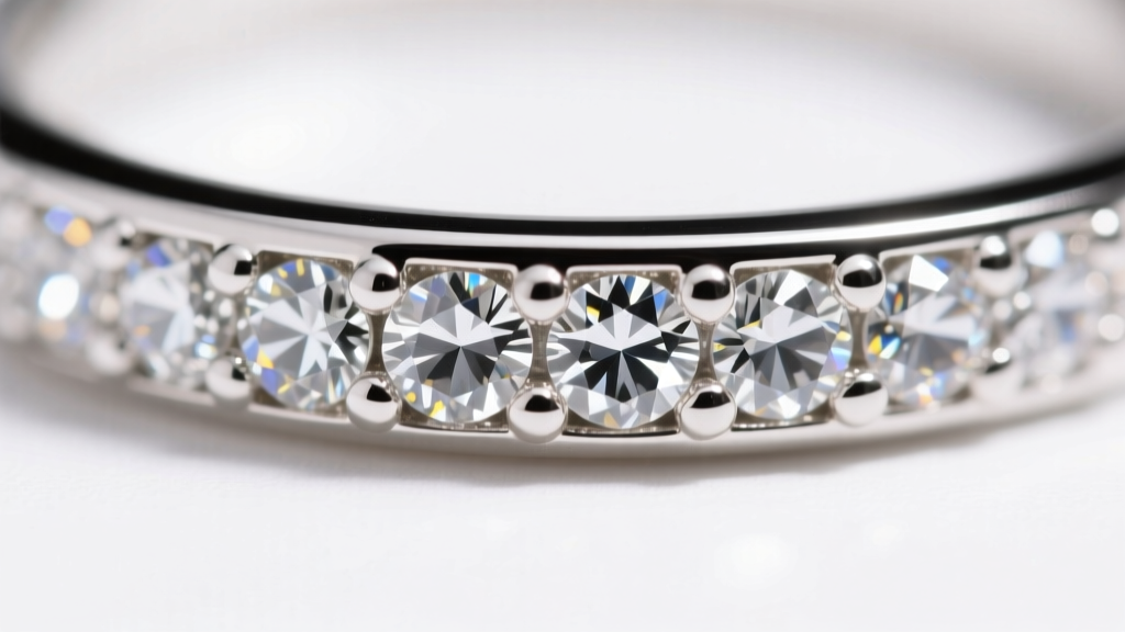 Macro shot of a 1mm pavé diamond setting on white gold, revealing tiny crevices where ultrasonic cavitation targets hidden grime.