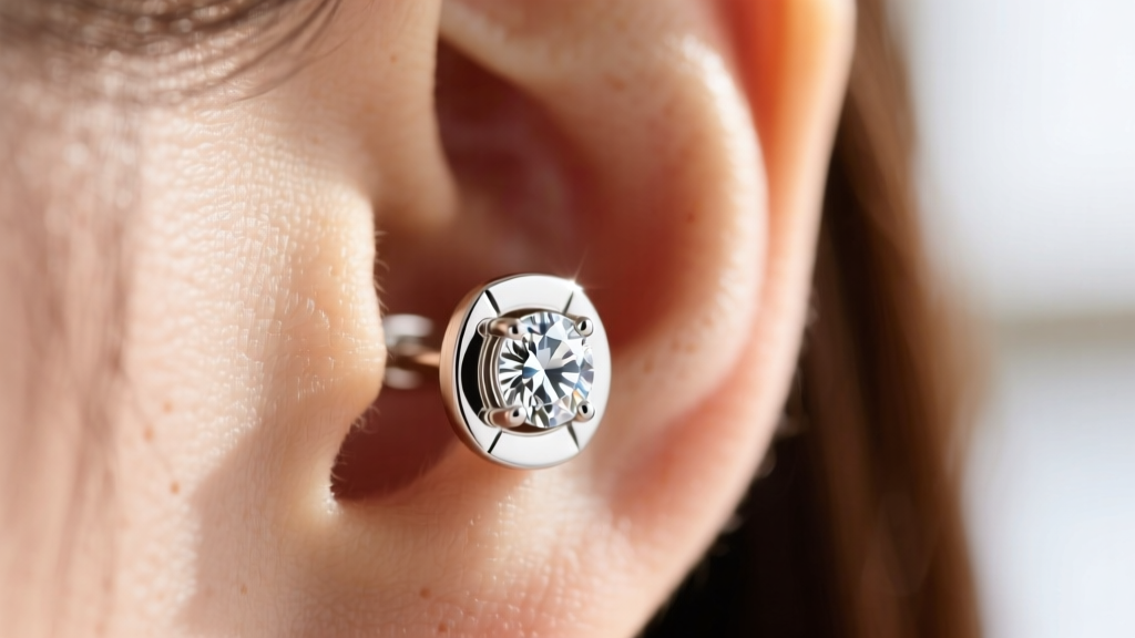 Macro shot of a 14k white gold bezel-set flat diamond earring resting flush against an earlobe in bright natural window sunlight