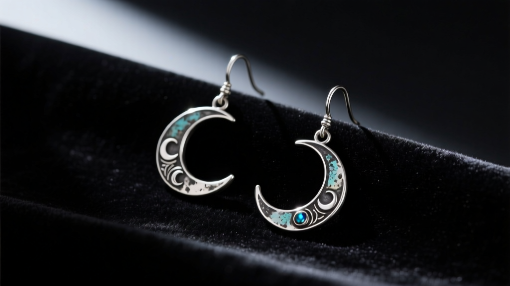 Oxidized silver witch earrings with crescent moon motifs resting on dark velvet fabric under moody, dramatic studio lighting.