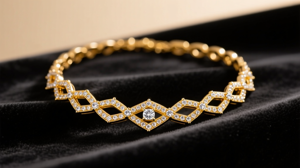 Macro shot of a yellow gold VCA Mini Frivole necklace with diamond accents on dark velvet under soft, warm studio lighting.