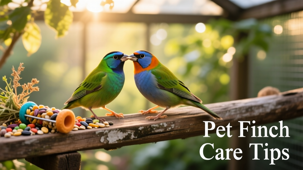 A happy pair of finches grooming each other on a natural perch beside a foraging toy filled with seeds