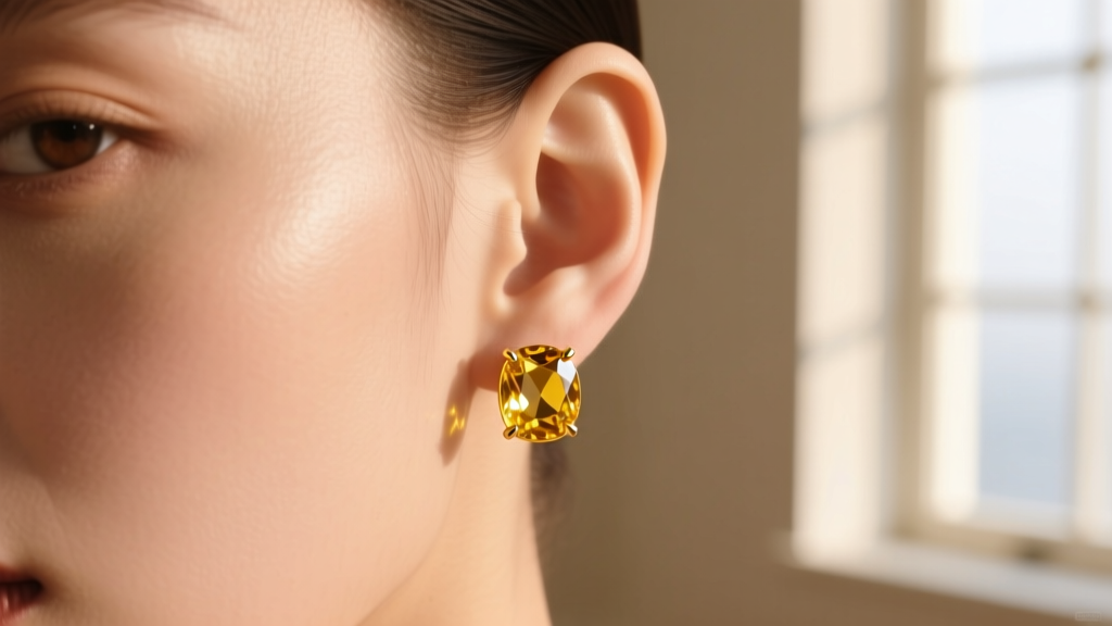 Close-up of warm skin wearing 18k gold and citrine yellow stud earrings, soft natural window light highlighting the gemstone facets
