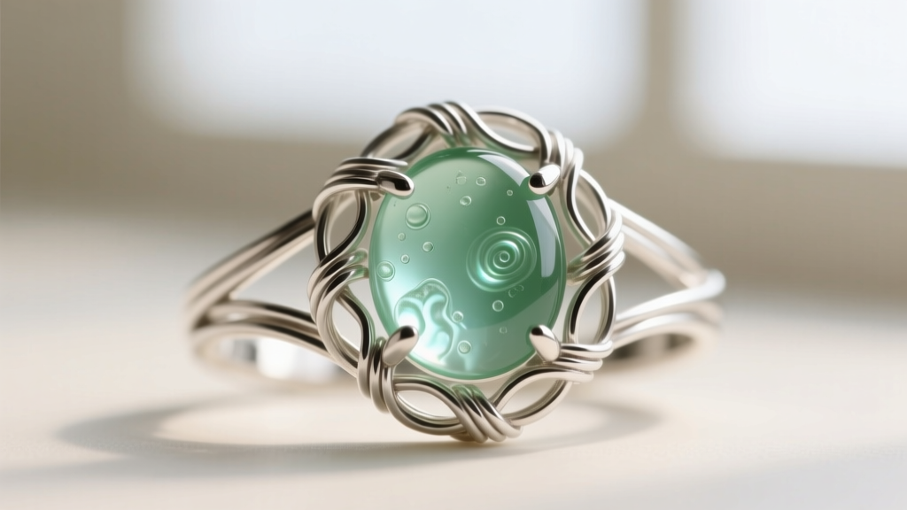 Macro shot of thin silver wire tightly woven around core wires to form a secure bezel for a smooth green sea glass cabochon.