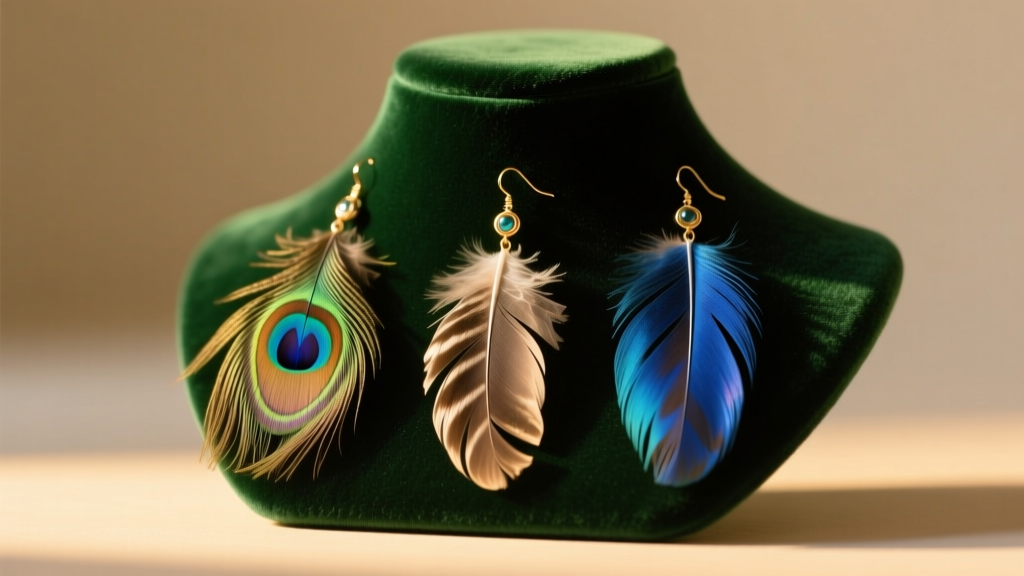 Handmade feather earrings on a velvet bust, featuring guinea fowl, pheasant, and blue hackle feathers under warm studio light