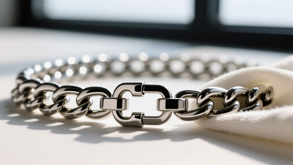 Macro shot of a 16-gauge stainless steel Cuban link chain and lobster clasp being polished with a microfiber jewelry cloth