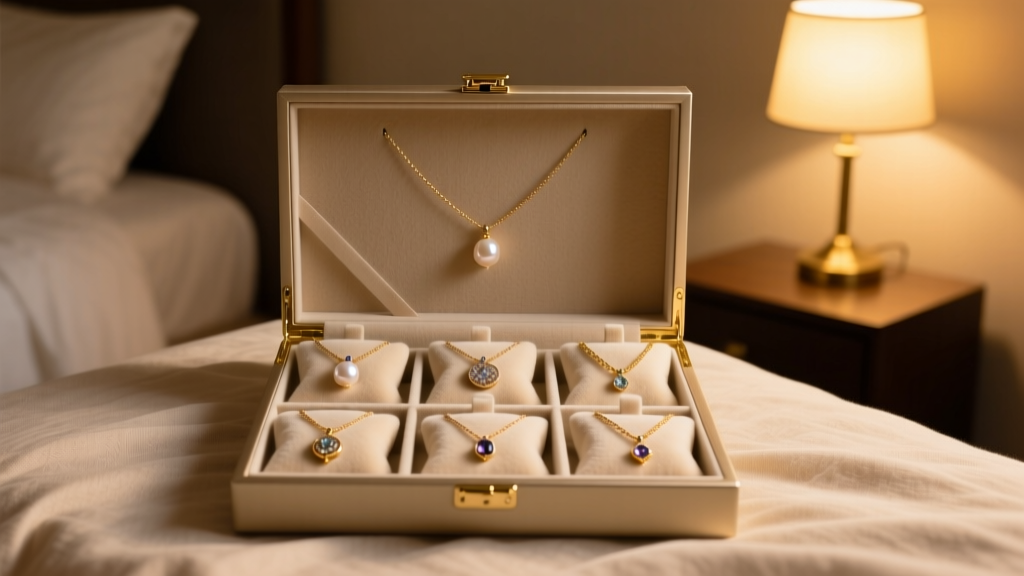 Open anti-tarnish jewelry box showing individual soft flannel pouches holding delicate necklaces, warm ambient bedroom lighting.