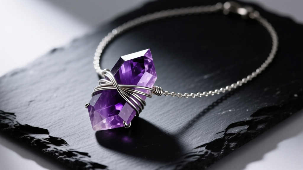 Raw amethyst rock necklace with jagged purple crystal wrapped in silver wire on dark slate for an elegant jewelry gift display.
