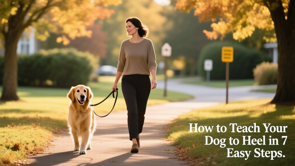 A person walking calmly with their dog in perfect heel position—dog aligned with handler's left leg, leash slack, both relaxed and attentive