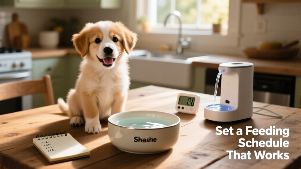 A happy, energetic puppy sitting beside a clean, labeled bowl with fresh water nearby