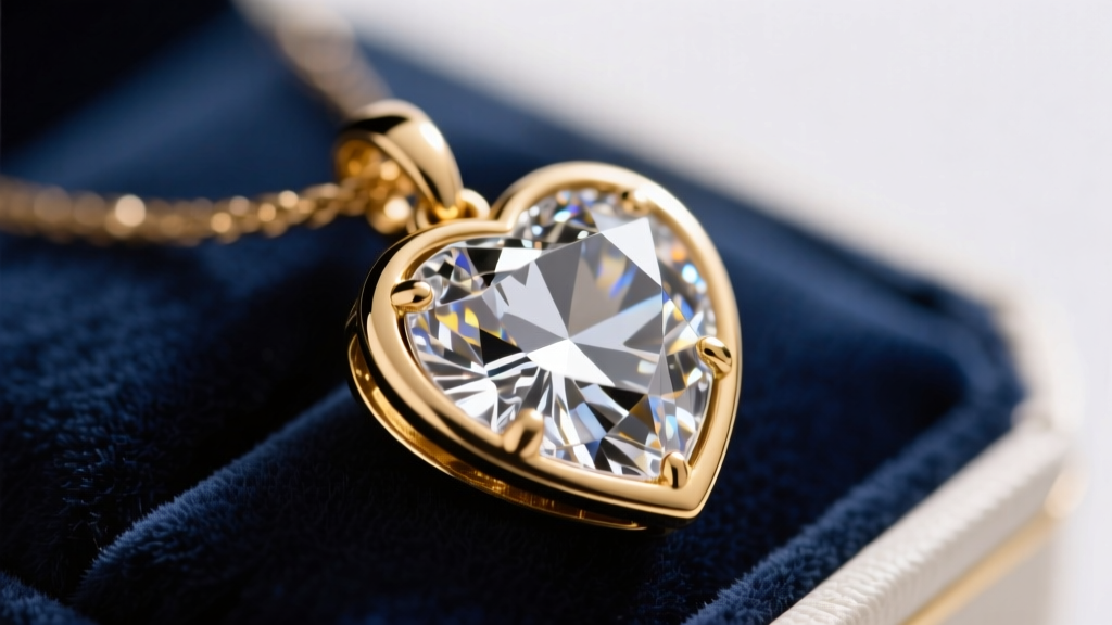 Close-up of a gold-plated Michael Kors heart pendant on velvet, showing polished brass edges and clear crystals under studio light