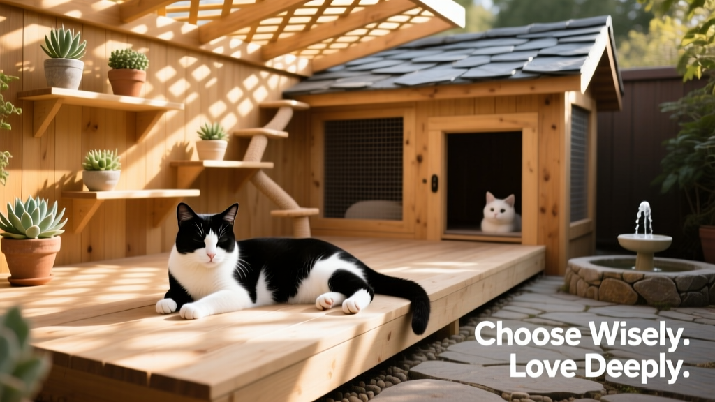 Cat relaxing on a sun-dappled platform inside a well-built outdoor catio enclosure