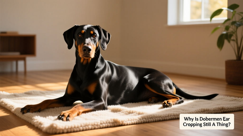 Happy, relaxed Doberman lying on a sunlit rug, ears flopped naturally to the side