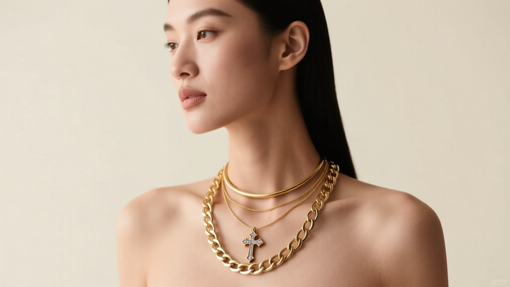 Model wearing a layered necklace stack with a 1.2mm gold chain, small Petrine cross, and thicker 3mm curb chain in soft lighting