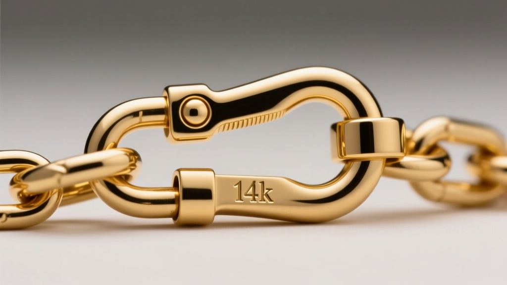 Detailed view of a secure lobster clasp on a 14k gold box chain, highlighting the mechanical lever and stamped 14k hallmark.