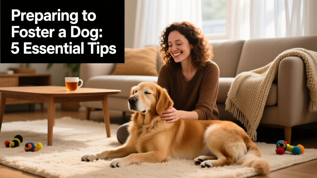A calm, smiling person gently petting a relaxed foster dog on a cozy living room rug