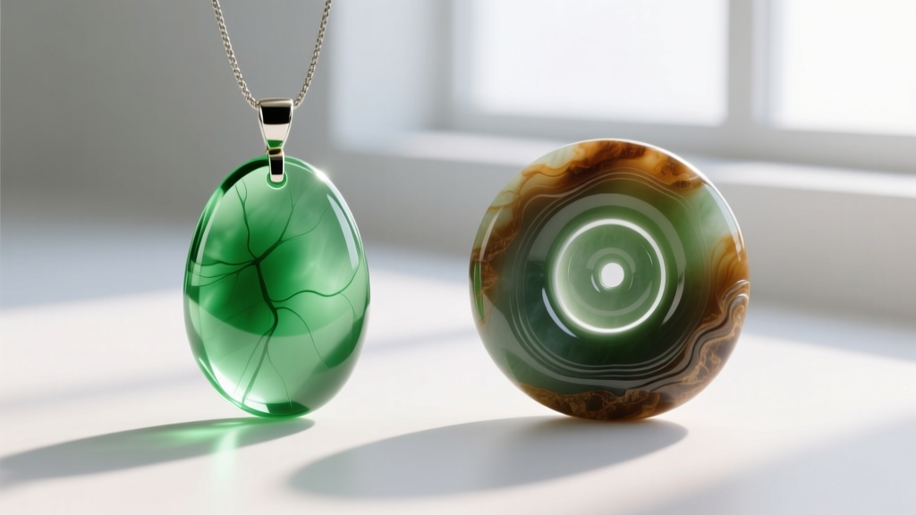 Side-by-side material comparison showing a translucent green resin pendant next to a polished natural jade spiral stone.