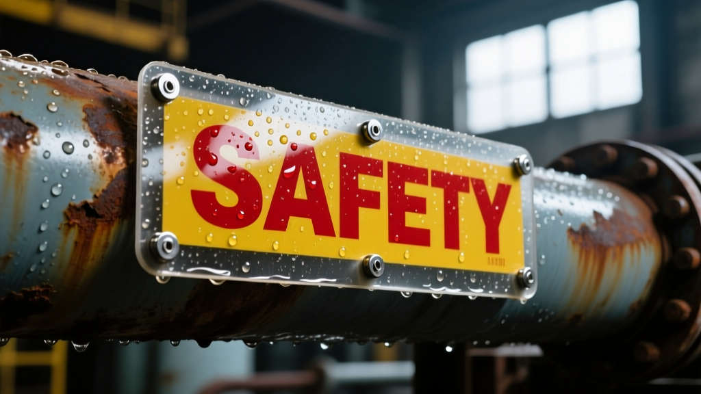 Close-up of heavy-duty fiberglass safety signage mounted on a wet, corrosive industrial pipe with stainless steel hardware