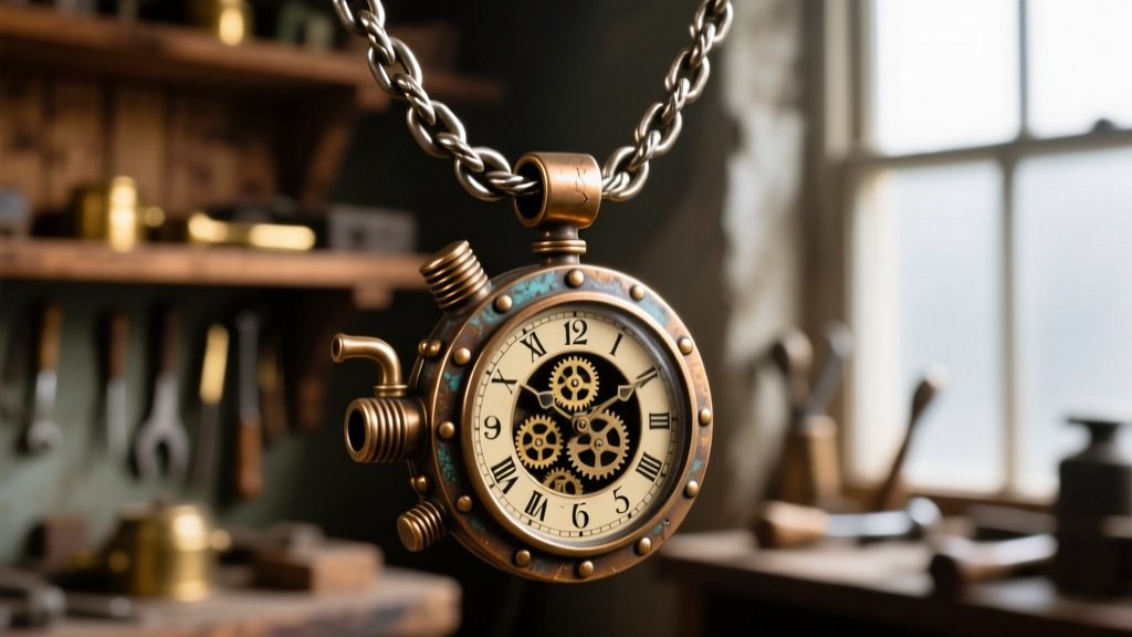Close-up of a 3mm steel rope chain threading through the oversized 8mm bail of a steampunk-style bronze necklace clock pendant