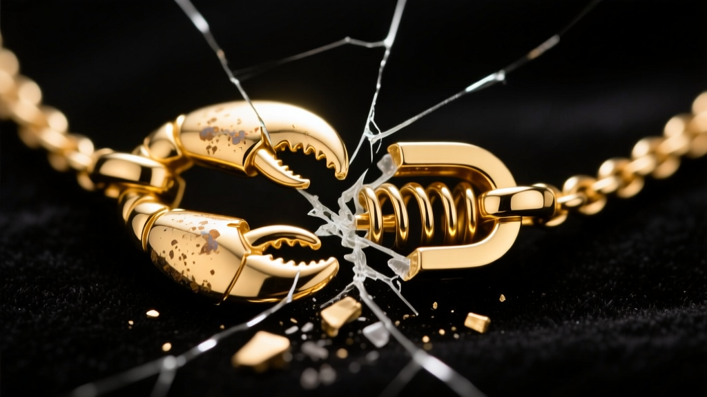 Macro shot of a broken 14k gold lobster clasp on a necklace, revealing the bent internal spring under bright jeweler bench lights.
