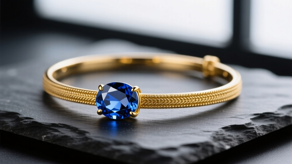 Close-up of a 14k yellow gold necklace with oval pendant featuring a blue sapphire, resting on dark slate with soft lighting