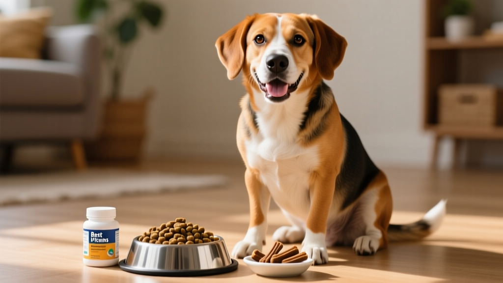 A happy, healthy adult dog sitting beside a bowl of kibble and a small dish of soft chews