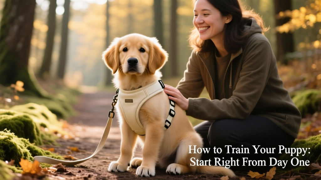 A calm, attentive puppy sitting beside their owner on a quiet path, wearing a soft harness and loose leash