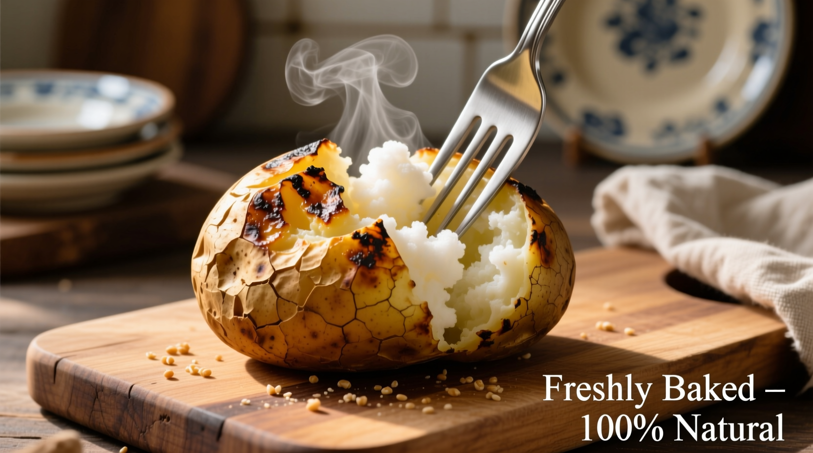 Grilled baked potato with fork showing fluffy interior