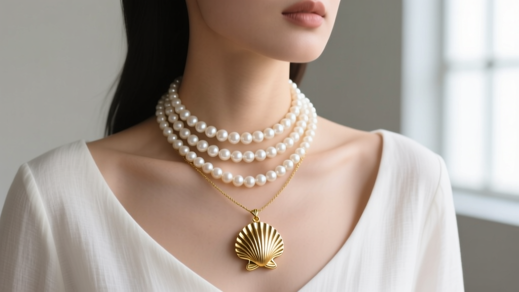 Layered stack with a 14-inch pearl choker and an 18-inch gold Ariel seashell pendant worn over a crisp white linen scoop-neck top