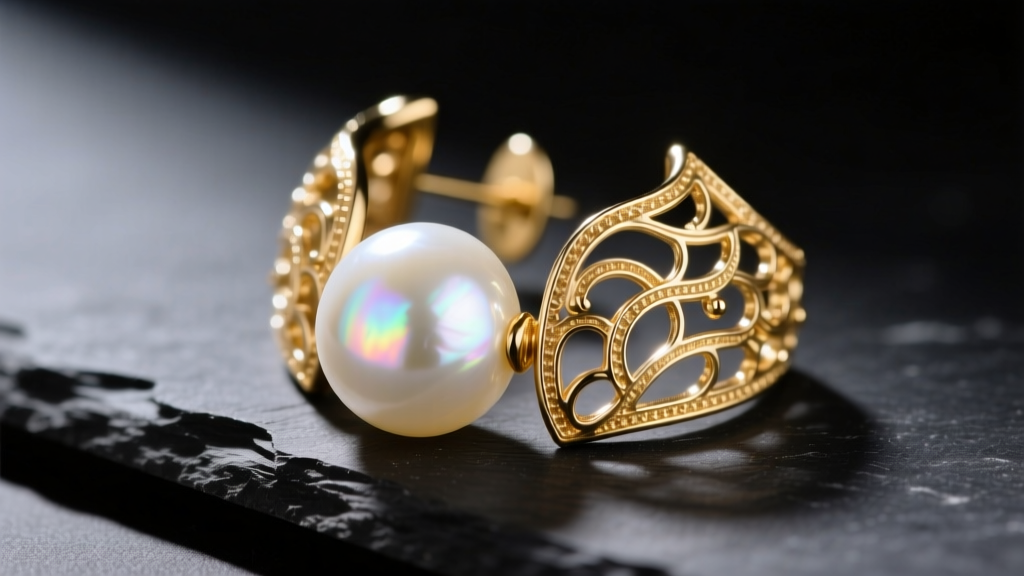 Macro photograph of a gold pearl earring jacket on dark slate, highlighting iridescent white nacre and intricate metalwork details