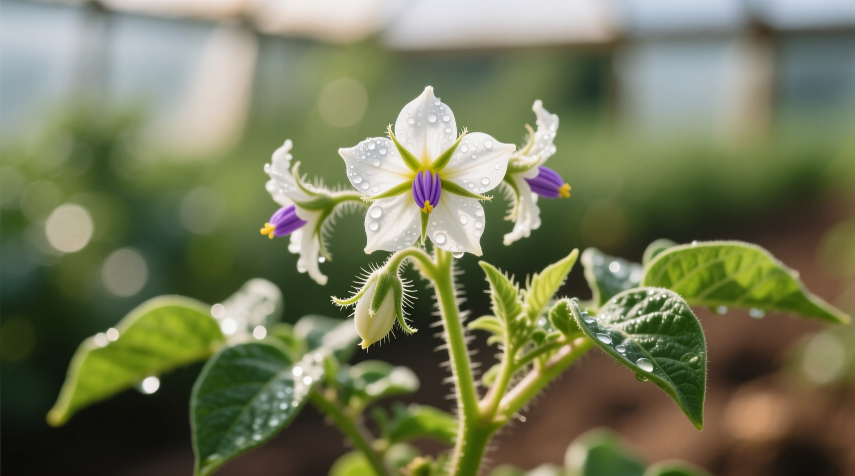 Close-up of Solanum tuberosum plant with flowers