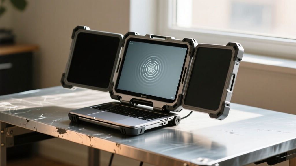 A rugged portable monitor setup on a scratched aluminum desk, featuring a dual-screen laptop accessory surviving a simulated drop test environment.