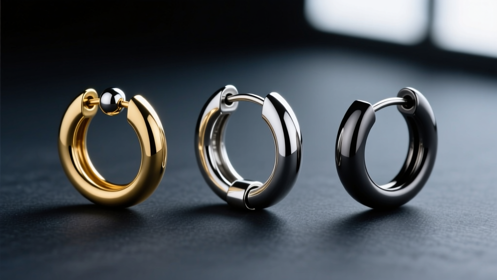 Macro shot of three hoop earring closures on dark slate: a captive bead ring, a hinged segment ring, and a seamless clicker