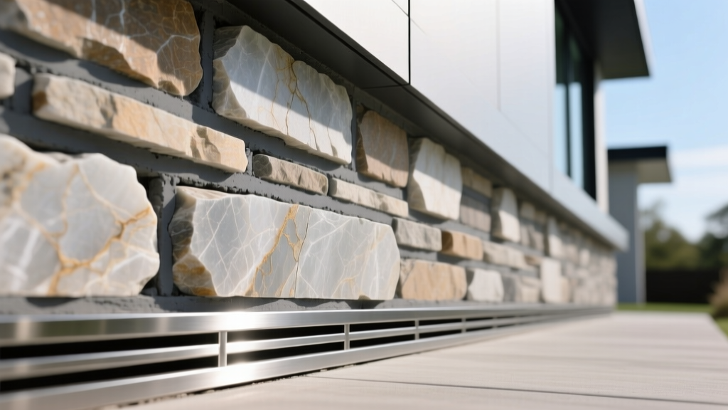 Close-up of natural quartzite ledgestone veneer on modern exterior wainscoting with dark gray mortar joints and metal weep screed