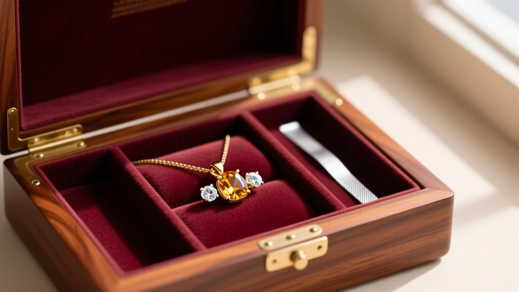 Open mahogany jewelry box with velvet compartments, showing anti-tarnish strips tucked beside a delicate dual-stone gold pendant.