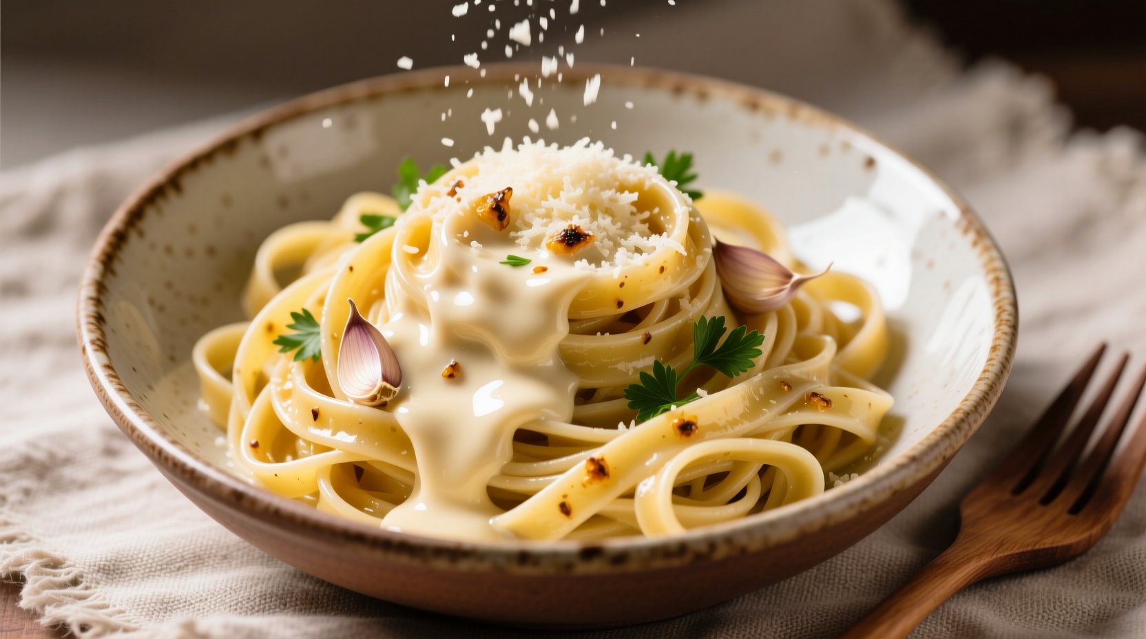Creamy buttery garlic sauce drizzled over fettuccine