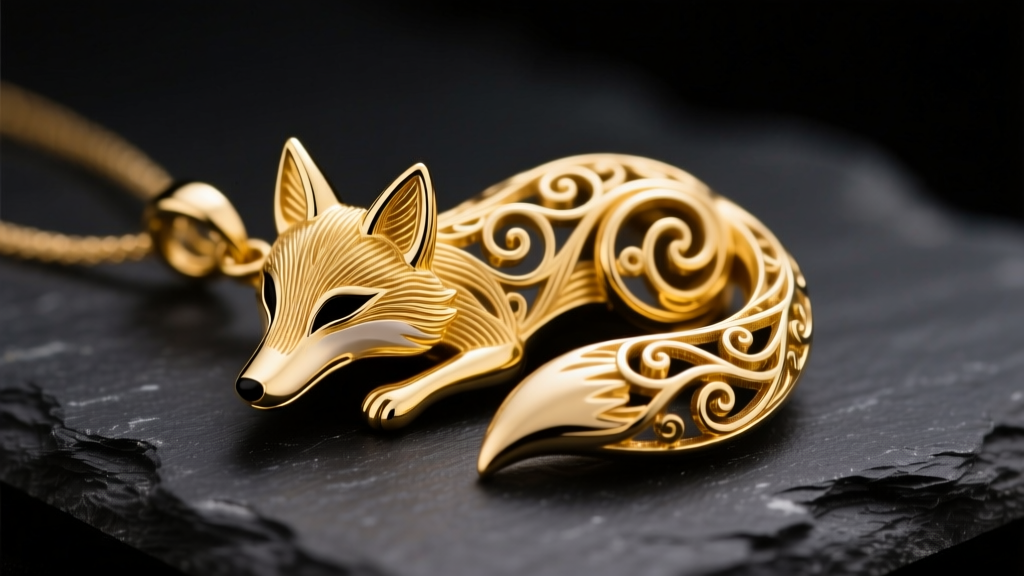 Close-up of an intricate 14k solid yellow gold fox necklace pendant on dark slate, highlighting detailed filigree tail and snout.