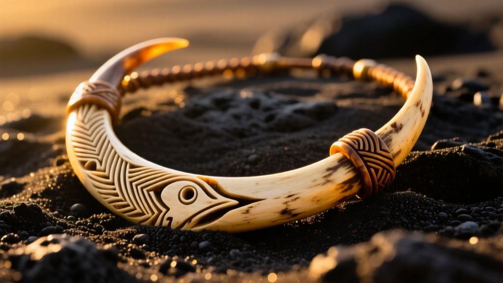 Close-up of a carved ox bone Hawaiian fish hook makau necklace resting on dark volcanic sand under warm golden hour sunlight.
