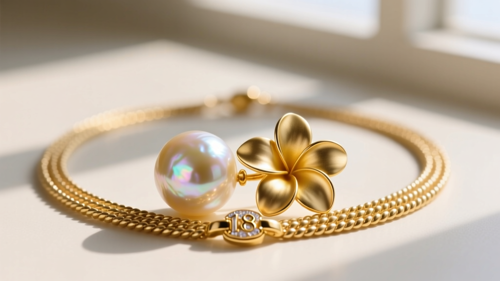 Macro shot of a baroque freshwater pearl and gold-dipped plumeria pendant resting on a multi-strand necklace lei 18k gold clasp.