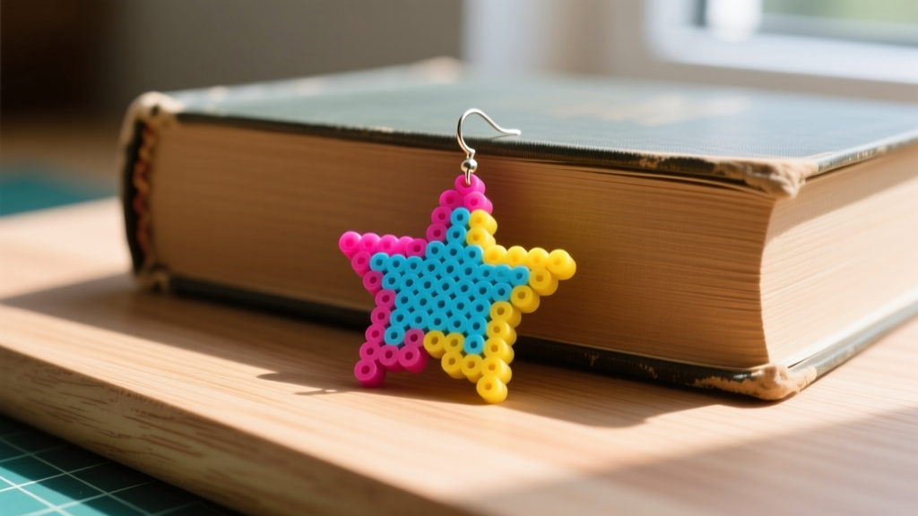 A flat, star-shaped perler bead earring pressed under a heavy book to prevent warping while cooling on a wooden crafting board