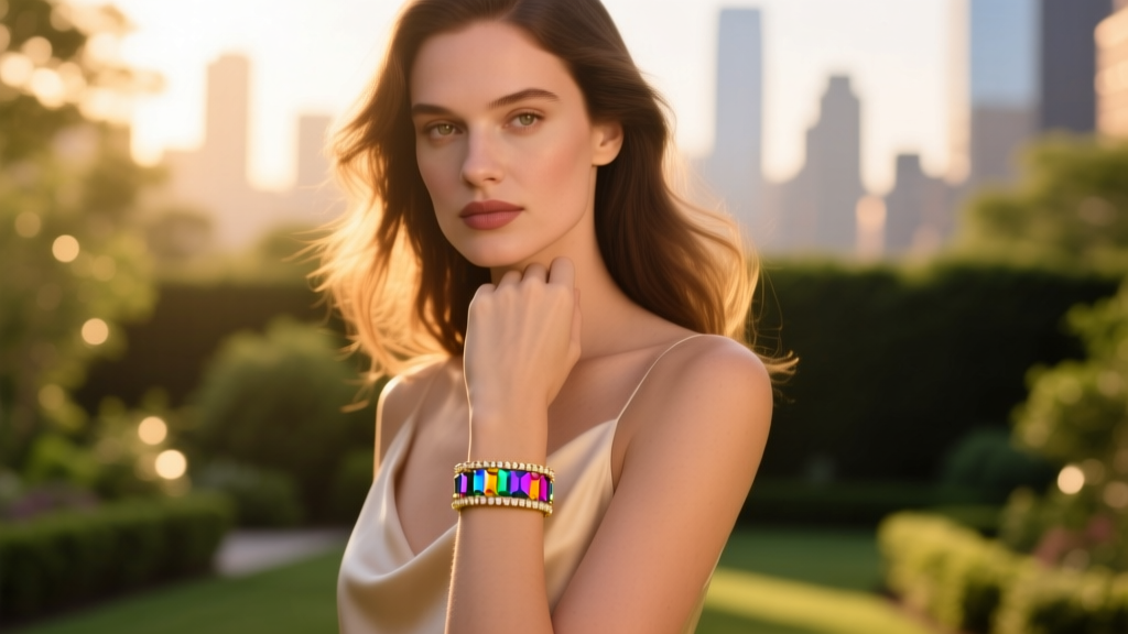 Elegant woman wearing a delicate 14k gold micro-pave rainbow quartz tennis bracelet, soft focus background, warm evening light.