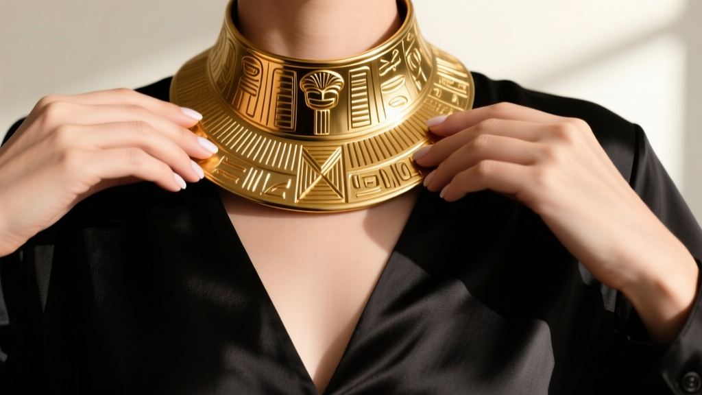 Close up of hands adjusting a gold Cleopatra collar over a black silk V-neck blouse, contrasting heavy metal with delicate fabric