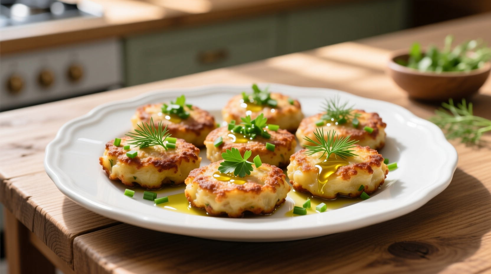 Golden brown potato patties on a white plate with fresh herbs