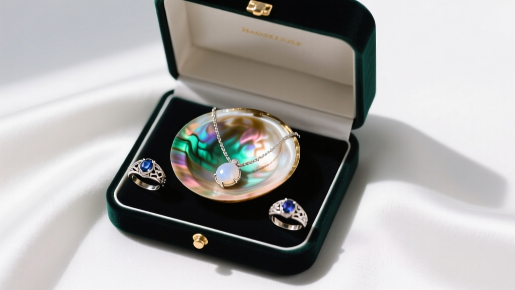 Open velvet box showing an iridescent abalone shell jewelry holder cradling a moonstone necklace and silver rings on white silk.