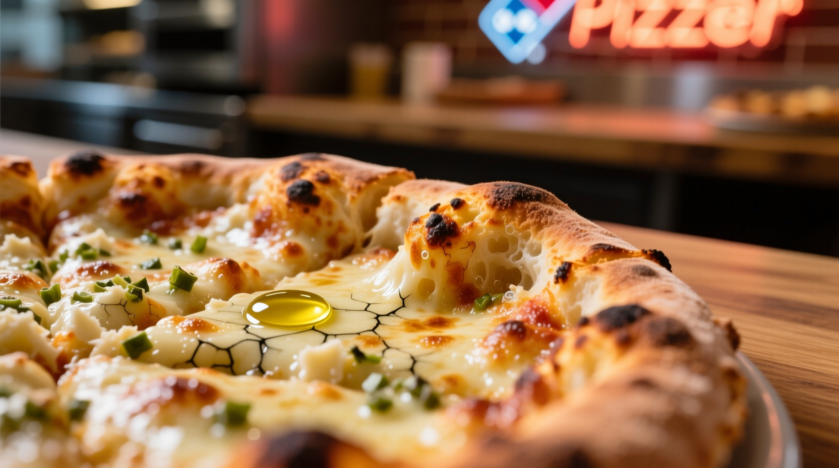 Close-up of Domino's garlic crust pizza edge