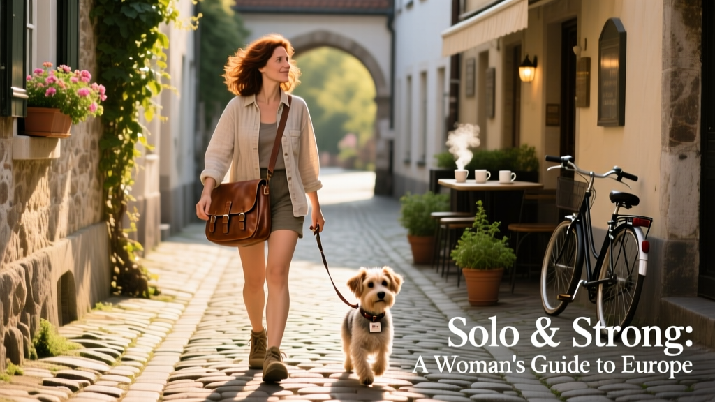 A solo female traveler exploring a charming cobblestone street in a historic European town