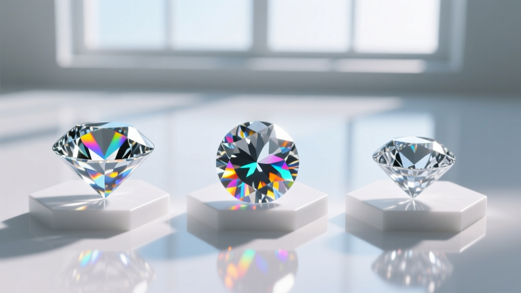 Macro shot of a mined diamond, lab diamond, and moissanite gemstone side by side, revealing subtle differences in light dispersion