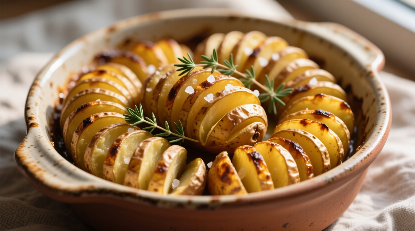 Golden brown scalloped potatoes in ceramic dish