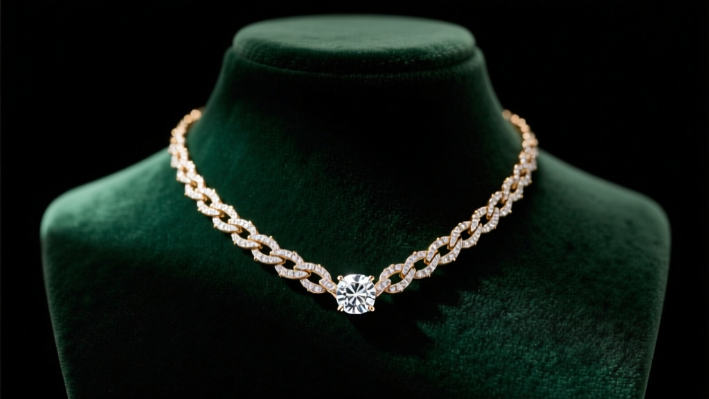 A 14k white gold lariat necklace with a diamond accent, displayed on a dark velvet bust under warm, directional studio lighting.