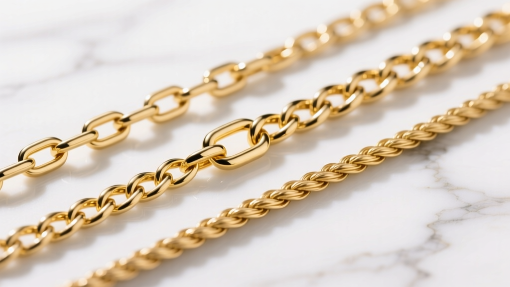 Macro shot of three different 14k solid gold chain styles, including figaro, rope, and cable, laid flat on a white marble surface.